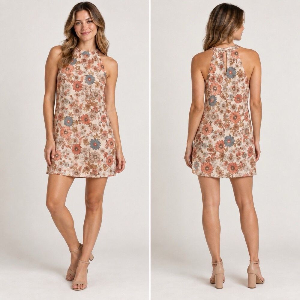 Multicolor Floral Halter Neck Sleeveless Shift Dress Short, Womens Size S